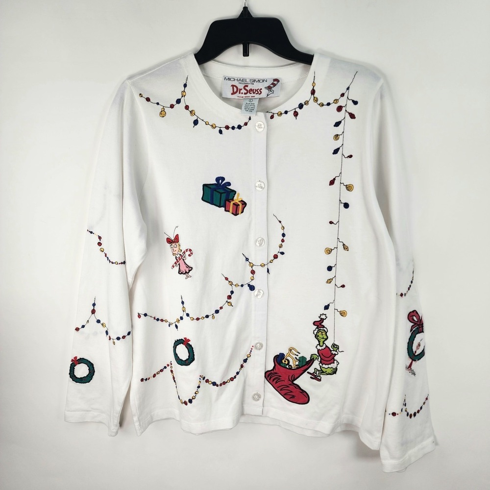 Vintage Michael Simon Womens L Dr Seuss Holiday White Button Embroidered Grinch
